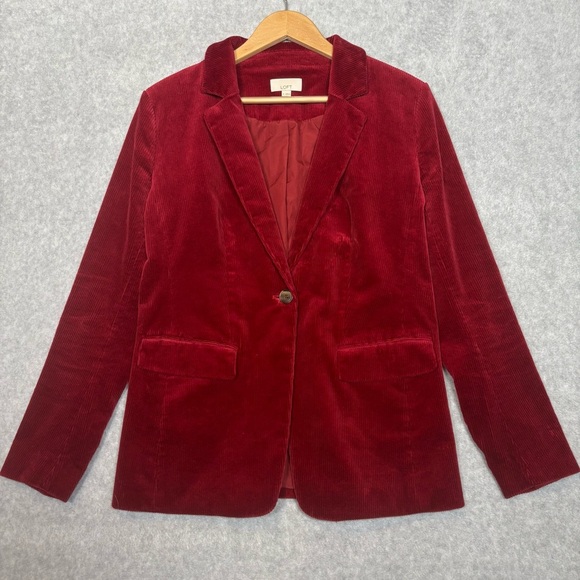 LOFT Corduroy Patch Pockets Single Button Closure Blazer-Red-Women Size 6 - Picture 2 of 6